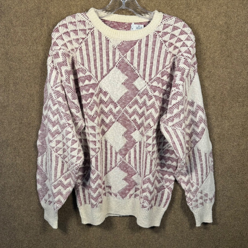 Vintage 90s Heavyweight Knit Crewneck Size Medium Men Geometric Jacquard Pattern